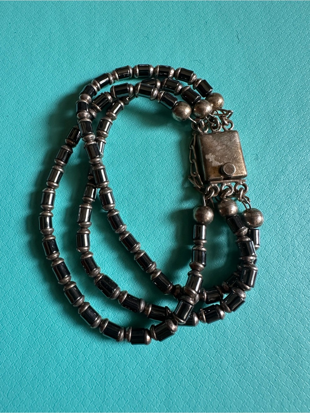 Vintage Mexican Sterling Silver And Hematite Bead Bracelet
